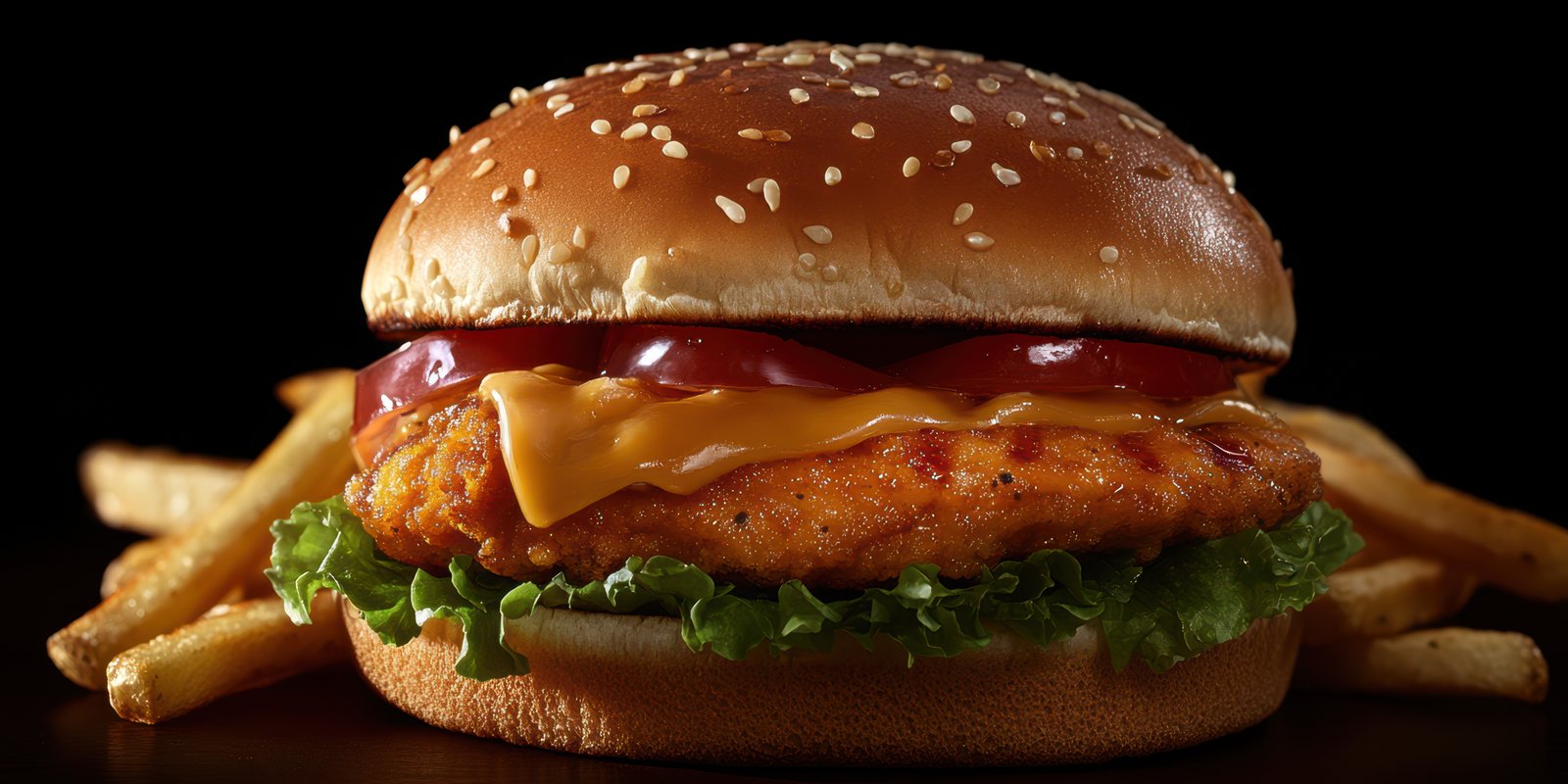 Delicious chicken sandwich with lettuce, cheese, ketchup, and crispy fries in low light environment